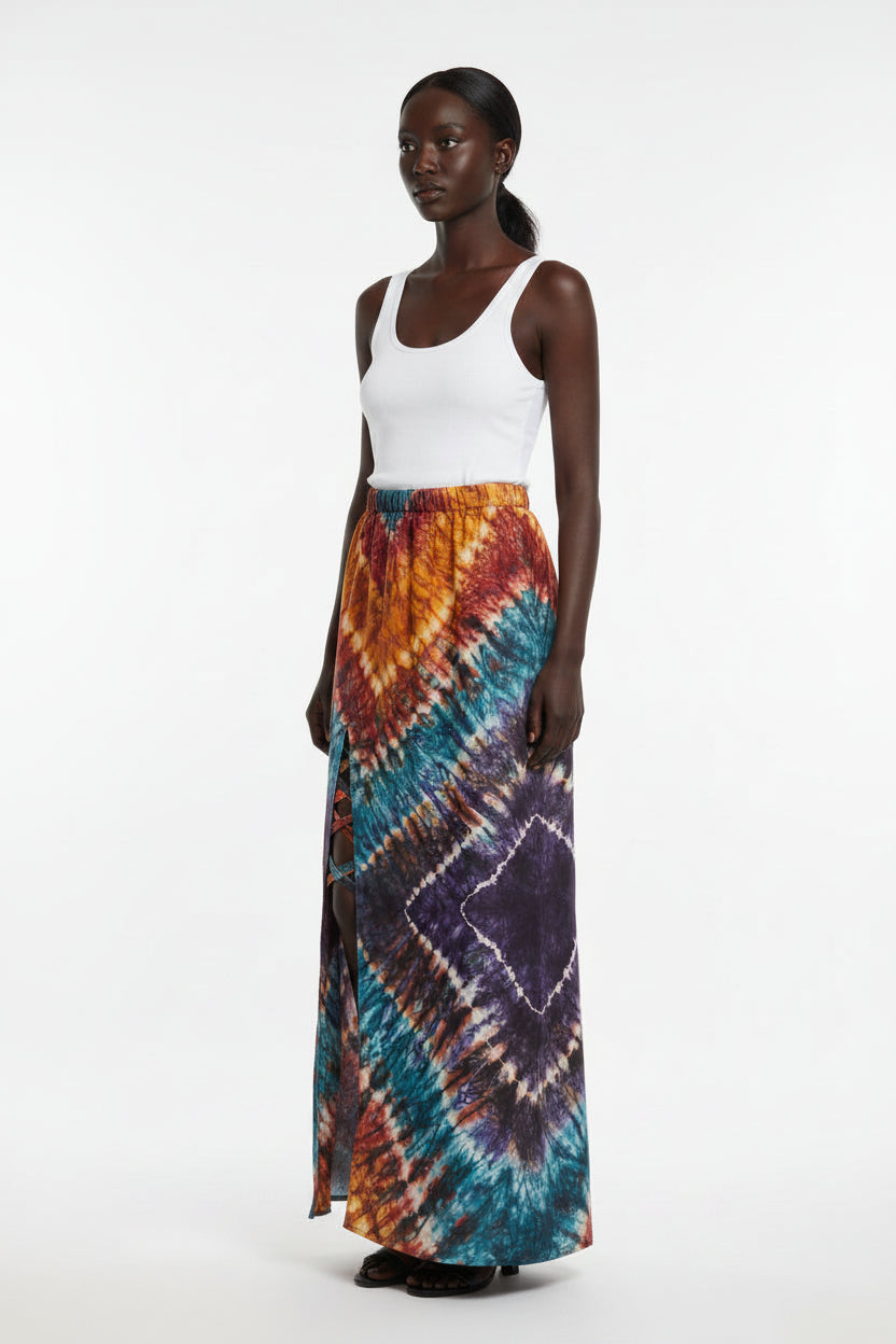 Colorful tie-dye skirt with patterns on a white surface